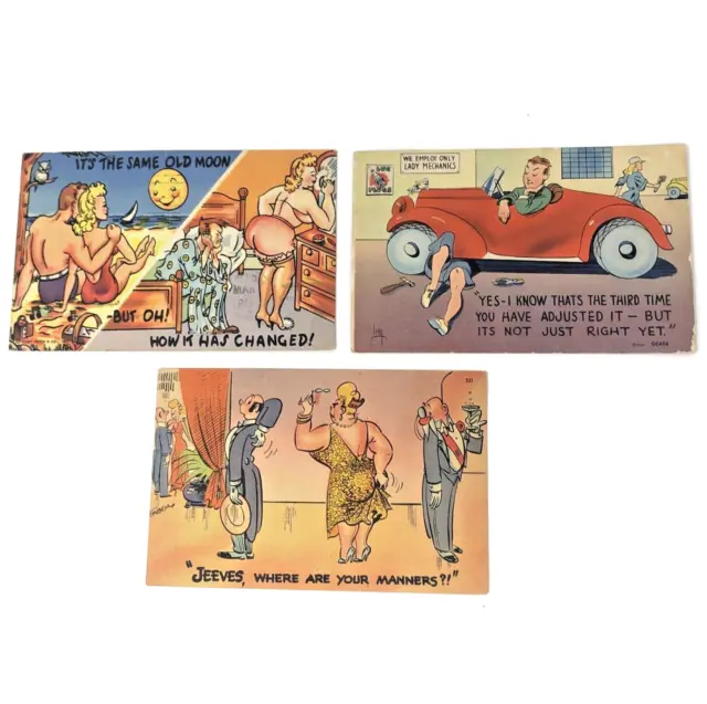 Vintage Linen Postcards Risque Comic Humor Art 1940's Naughty Cartoon Lot of 3
