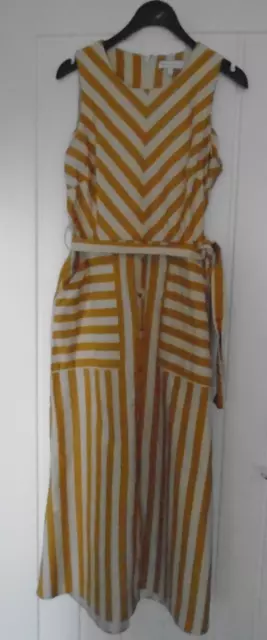 Size 10 Beautiful Mustard Yellow And Cream Striped Linen Dress By Warehouse