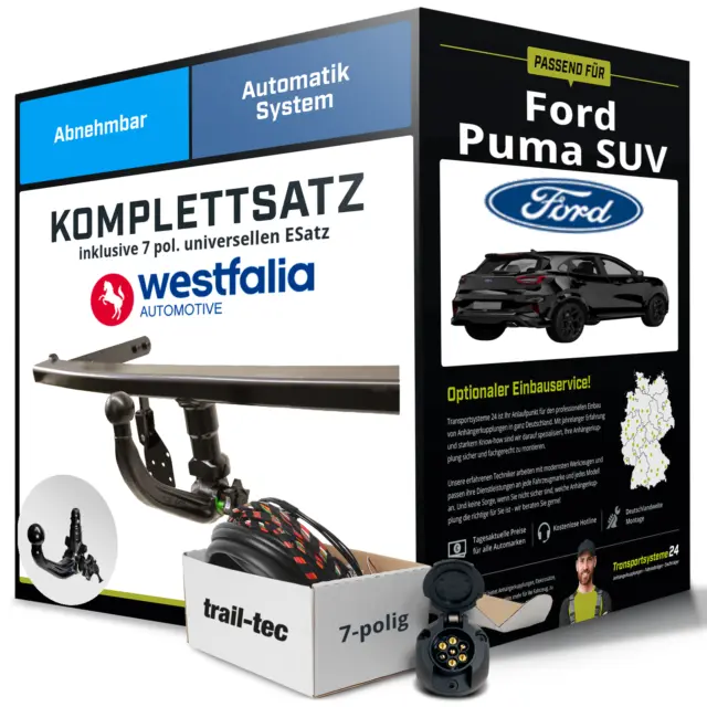 Anhängerkupplung WESTFALIA abnehmbar für FORD Puma SUV +E-Satz Kit (AHK+ES)