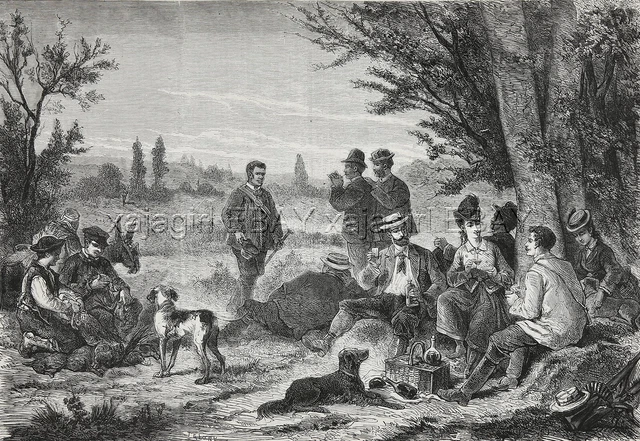 Dog Flat Coated Retriever & Pointer Hunter Lunch, 1870s Antique Engraving Print