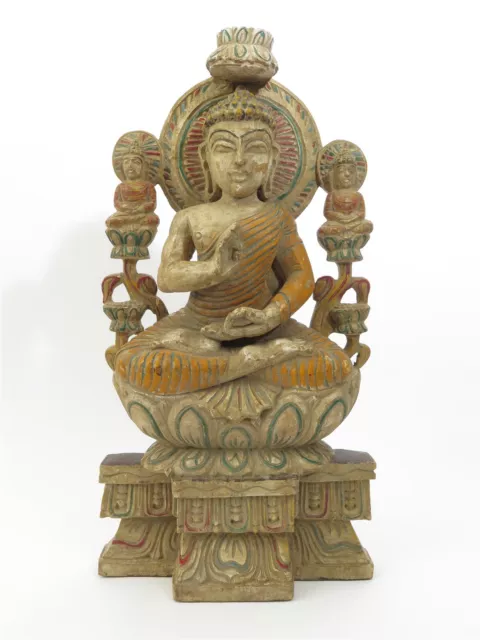 Vintage Painted Carved Wooden Buddha Seated on Lotus Flower 22.5" x 11.75" Wide