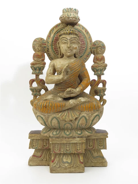 Vintage Painted Carved Wooden Buddha Seated on Lotus Flower 22.5" x 11.75" Wide