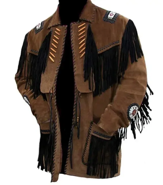 Men Native American Western Cowboy Suede Leather Jacket Fringe & Beaded Coat