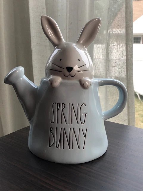 Rae Dunn EASTER Spring Bunny in Watering can ~ Blue ~ Ceramic ~  9." ~ NEW Chic