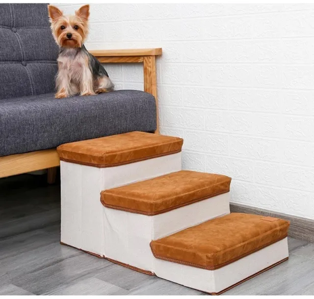 Dog Stairs Foldable Storage Box Pet 3 Steps Step Soft Fleece Padded With Foam