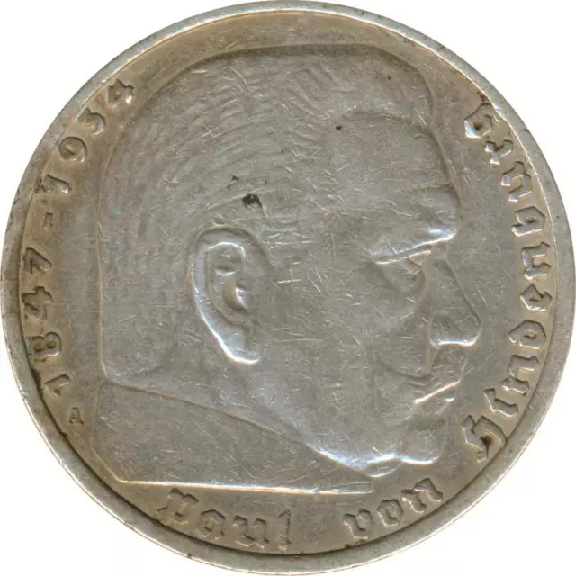 Drittes Reich 5 Mark 1936 A Paul von Hindenburg Silber*