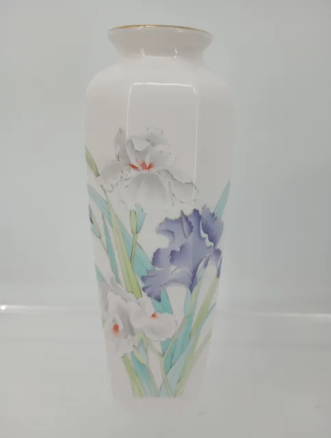 Vtg 10 1/2" Otagiri Japan "Iris Bouquet"  Porcelain Vase Gold trim Hexagon
