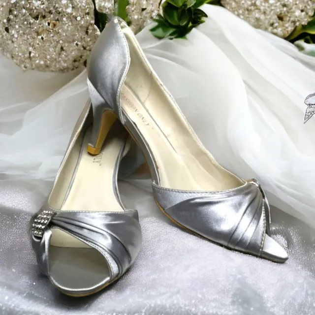 Bride Wedding Guest Court Shoes Silver Size 7 8 MOB Satin Peep Toe 3in HEEL