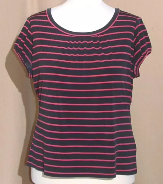 Worthington Sz 1X Black Pink Stripe Top Polyester Stretch Puff Short Sleeve