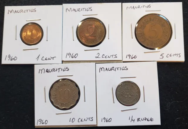 Set of 5 Mauritius coins 1960; 1,2,5,10 cents, 1/4 Rupee