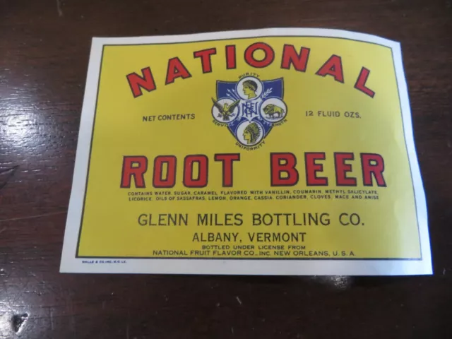 National Root Beer Bottle Label Glenn Miles Bottling Co.albany Vermont