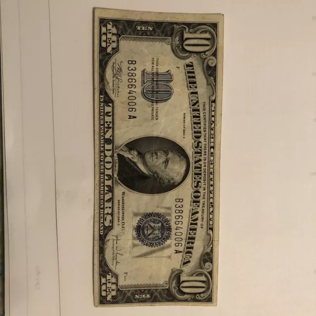 1934 C Series $10 TEN DOLLAR BLUE SEAL SILVER CERTIFICATE NOTE