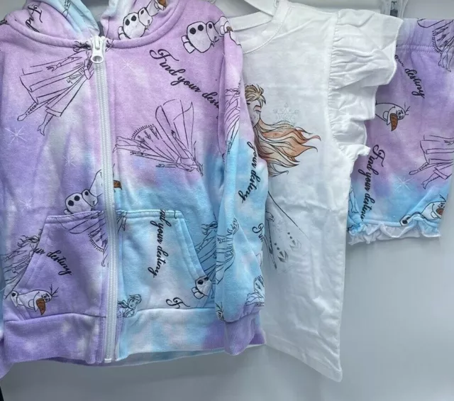 Girls Size 4T Disney Frozen 3-Piece Short Outfit Set Zip-Up Hoodie Olaf Elsa New