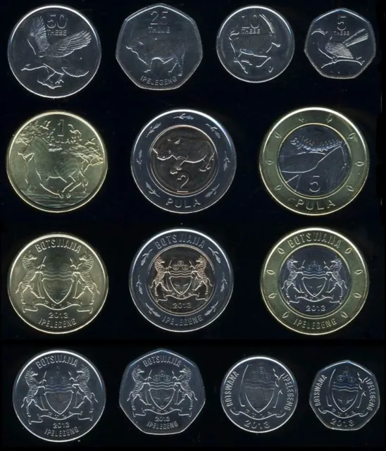 BOTSWANA COMPLETE COIN SET 5+10+25+50 Thebe +1+2+5 Pula 2013 KM31-37 UNC LOT 7