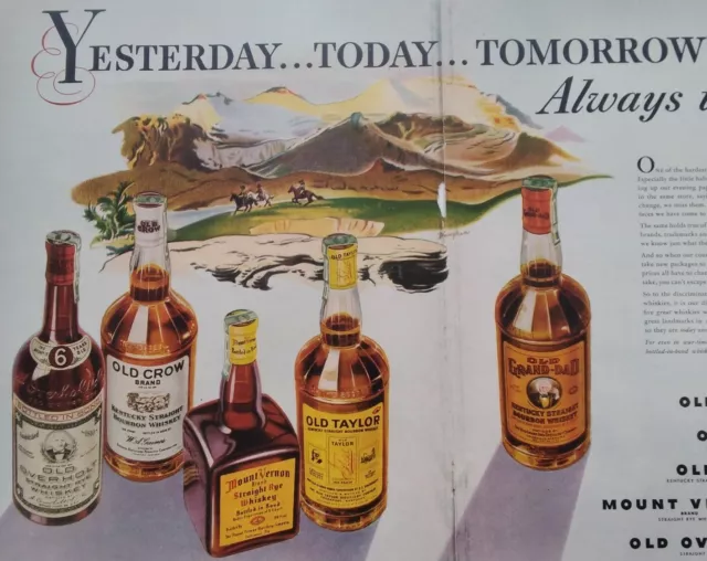 Old Crow Whiskey Print Ad Original Vtg 1940s WW2 Shell Oil Swan Soap Grand Dad