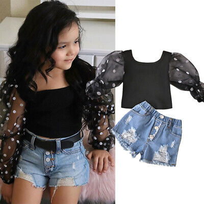 Toddler Baby Kids Girls Puff Sleeve Polka Dot Tops  Ripped Jean Shorts Outfits