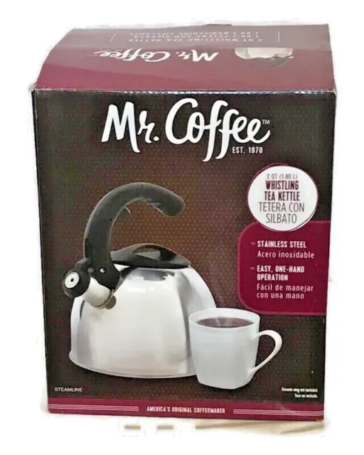 Mr. Coffee Whistling Tea Kettle Coffee Pot Maker 2 Qt Stainless Steel Steamline