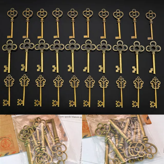 30Pcs Vintage Antique Old Brass Skeleton Keys Retro Cabinet Barrel Lock 3 Style