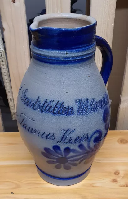 Weinkrug Tonkrug Mostkrug blau-grau 1,5 Liter ca. 30cm Inschrift