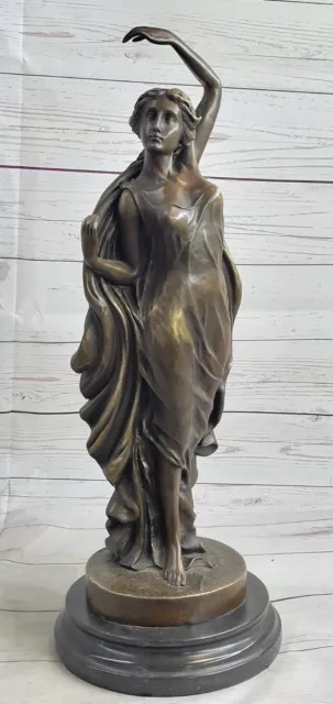 Handmade Bronze Art French Artist's Seductive Maiden Sculpture on Round Marble