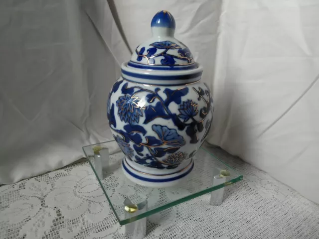 Chinese Blue and White Floral Style Lidded Ginger Jar with Gold Detailing