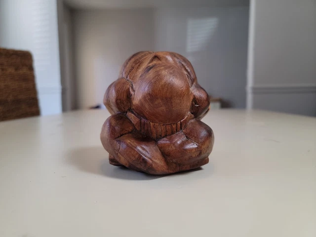 Vintage Teal Wood Sumo Wrestler Figurine Boho Decor Hand Carved Weeping Buddha