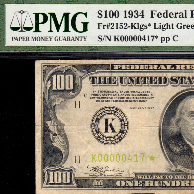 DALLAS LGS *STAR NOTE* RARITY! 1934 One Hundred Dollar Bill Fr.2152-K K00000417*