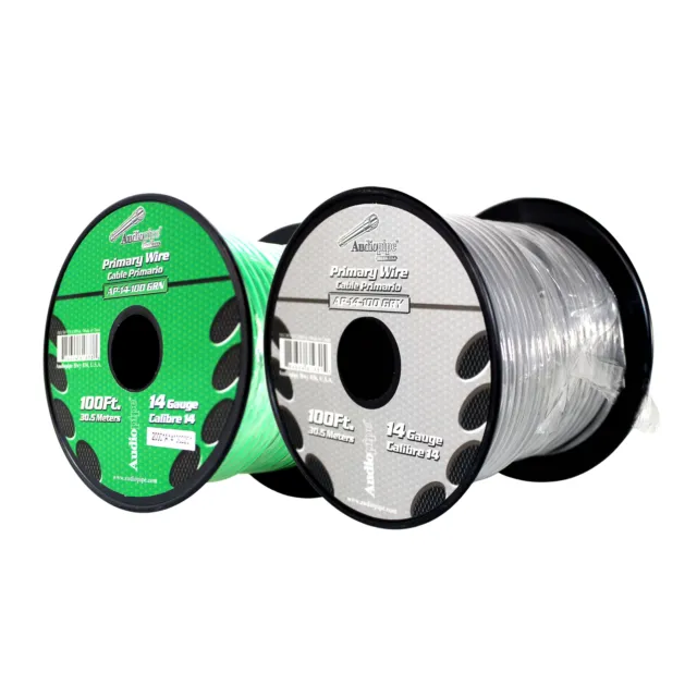 Bote de cable remoto de alimentación a tierra primaria Audiopipe (2) 14ga 100 ft CCA verde/gris