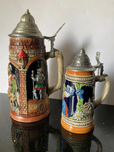 Vintage Authentic West Germany Lidded Beer Steins Lot of 2 Great Condition