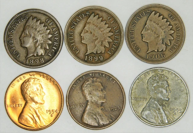 1898 Indian Head Penny, 1943-S Steel Wheat, 1954 S Lincoln Wheat BU - 6 coin lot