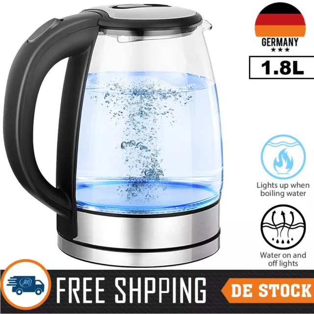 Wasserkocher 1,8L Edelstahl 1800W 360° Teekocher Borosilikat Glas Kocher mit LED