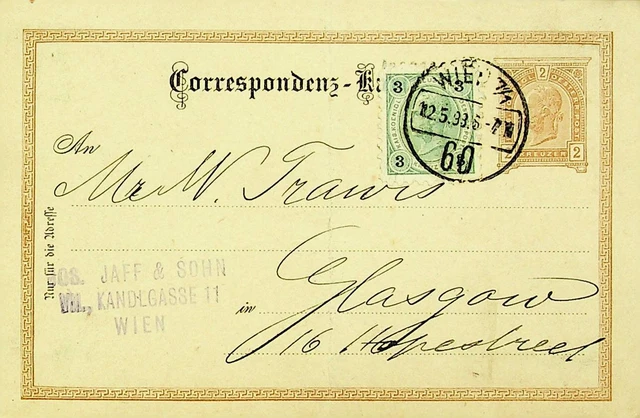 Österreich 1898 3kr Auf 2kr Franz Josef Postal Karte Von Wien Glasgow Schottland