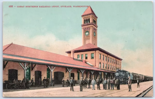 WA Postcard Spokane Washington Great Northern RR Railroad Depot Station Train
