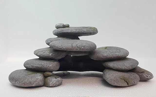 Aquarium Fish Tank Ornament Decoration Grey Pebble Cave + 9'' Plant combi x 1