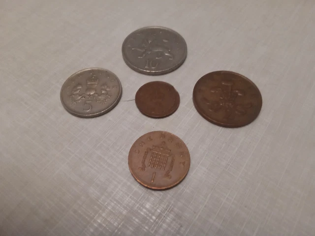 5 X Old British Coins 10p +5p +2p+1p+1/2 P 1973-1988