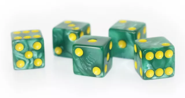 5 x Würfel-Dice: W6 - Augen - gelb/grün - marbled Color, marmoriert - Casino