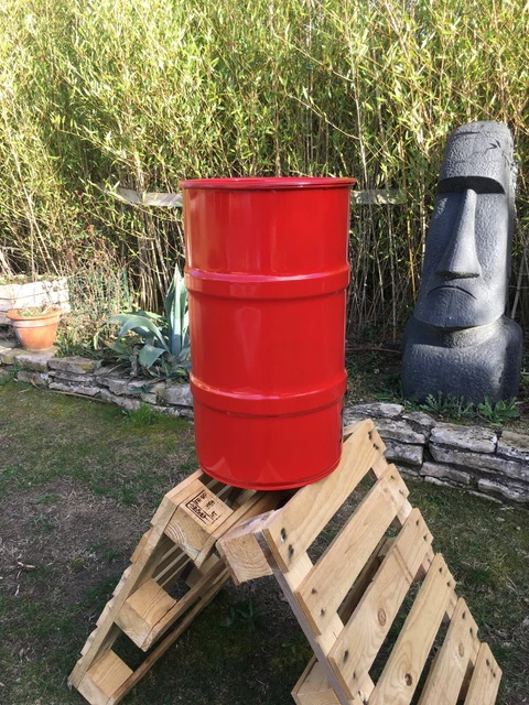 BARIL MÉTAL 60 L ROUGE CUSTOM bidon tonneau coffre décoration ...