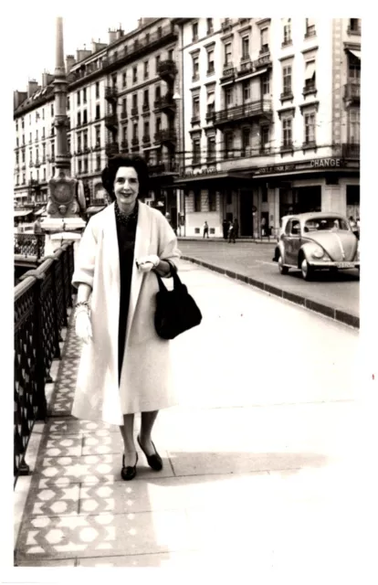 Older Lady near Hotel de Russie Geneva Switzerland 1940s RPPC Postcard Photo