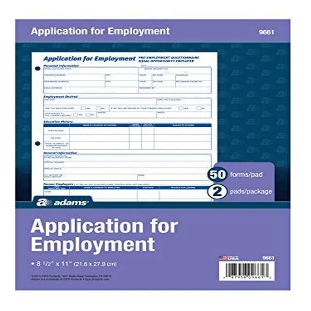 Adams Applications for Employment, 8.5 x 11 Inch, 3-Hole Punched, White