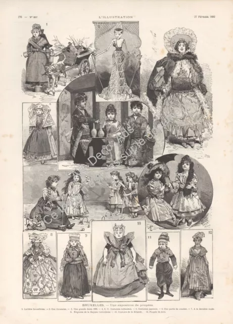 Belgique Exposition de Poupées / Poupées Anciennes Gravure Engraving 1892