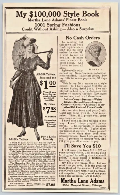 1916 Martha Lane Adams Finest Book All-Silk Taffeta Spring Fashions Vtg Print Ad