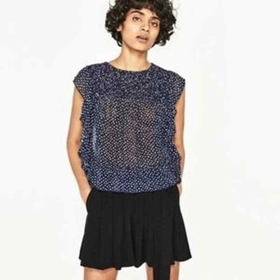 Zara Navy Blue White Polka Dot Sheer Flutter Sleeve Blouse Women's Size Large