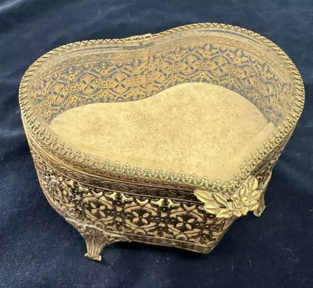 Vintage Ormolu Footed Jewelry Trinket Box Heart Shaped Beveled Glass