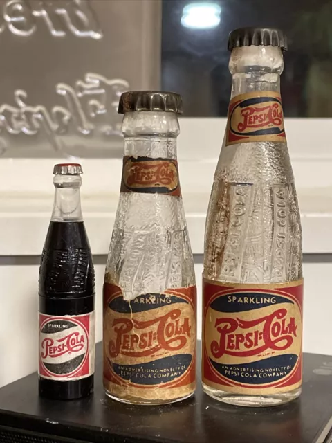 3 RARE PEPSI COLA MINI BOTTLE  DOUBLE DOT DECAL Labels W Cap 1 Bills Milwaukee