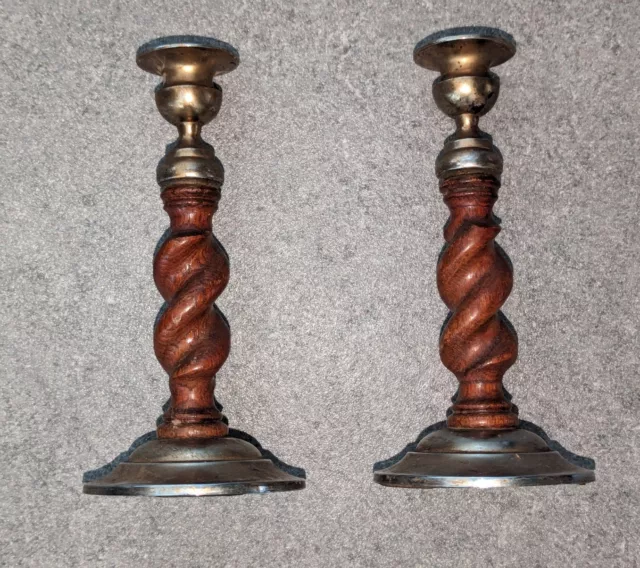 Vintage Early English Style Barley Twist Wood Candle Stick Holders Freestanding