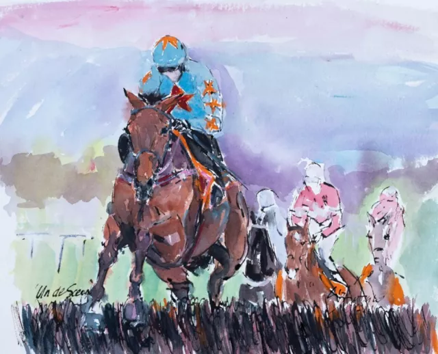 LIZ ARMSTRONG ORIGINAL Un de sceaux Cheltenham cup Sandown HORSE RACING PAINTING