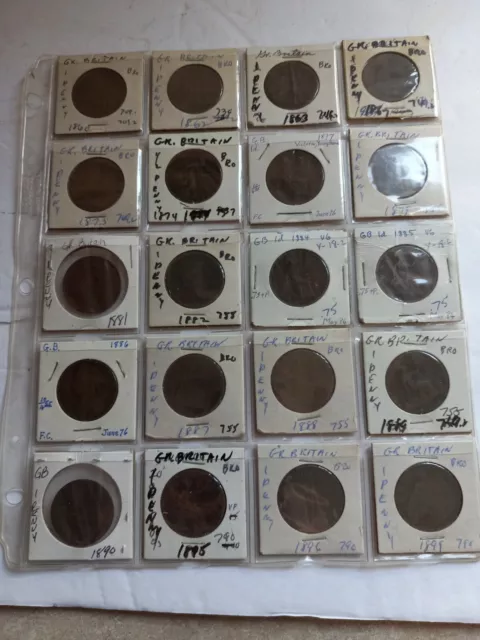20 Great Britain One Penny Coins 1860 To 1899