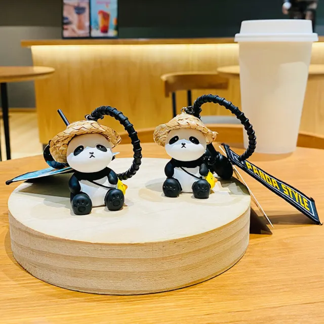 Creative Straw Hat Good Partner Panda Animal Hand Chain Keyring Doll Keychain