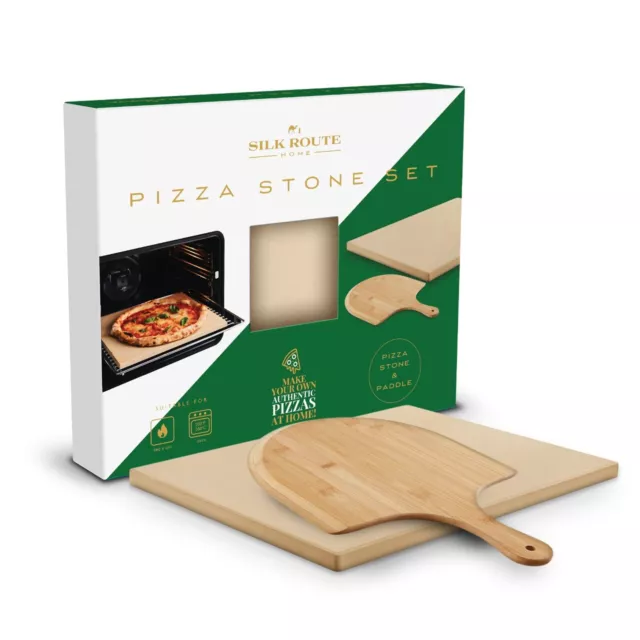Ceramic Pizza Stone 38cm x 30cm With Bamboo Pizza Paddle -  Set by Silk Route