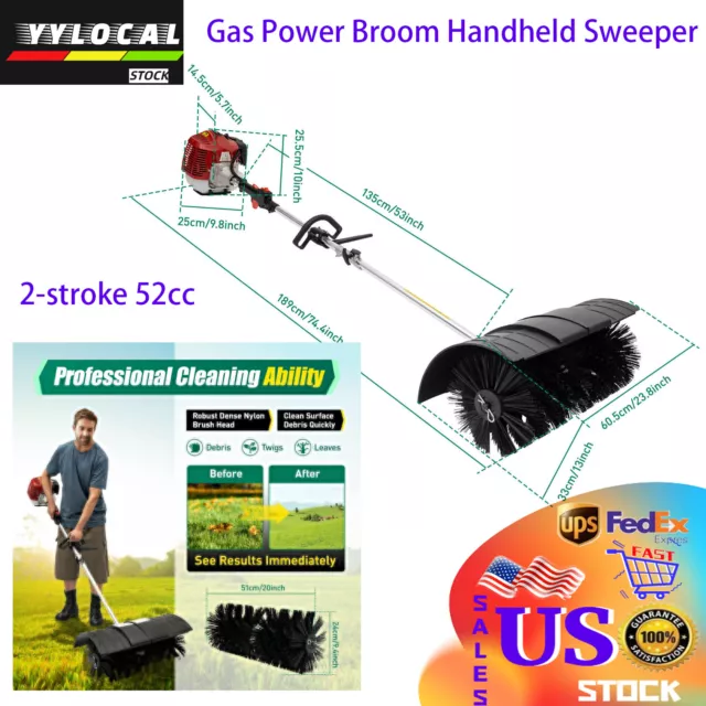 Gas Power Handheld Sweeper Broom Driveway Turf Artificial Grass Snow Clean 52CC